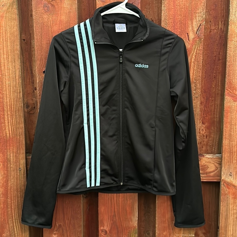 Adidas Black Track Jacket Blue Three Stripes Full Zip Mock Neck Women Size S